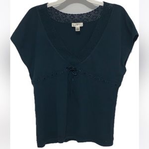 Ann Taylor LOFT lined lace deep v-neck dark green top size Large